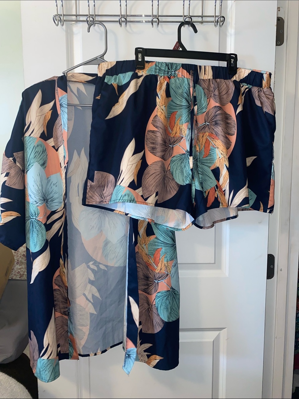 Navy Floral Kimono & Shorts Set - Relaxed Lounge Wrap